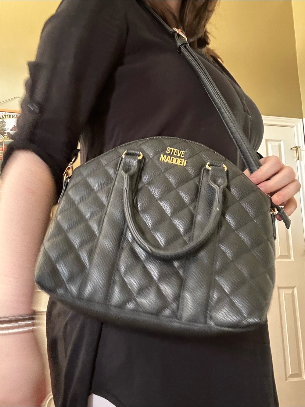 Steve Madden Quilted Dome Crossbody Black with Gold Hardware